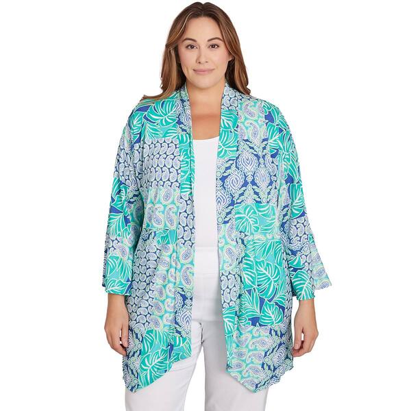 Plus Size Ruby Rd. Bali Blue 3/4 Sleeve Patchwork Cardigan - image 