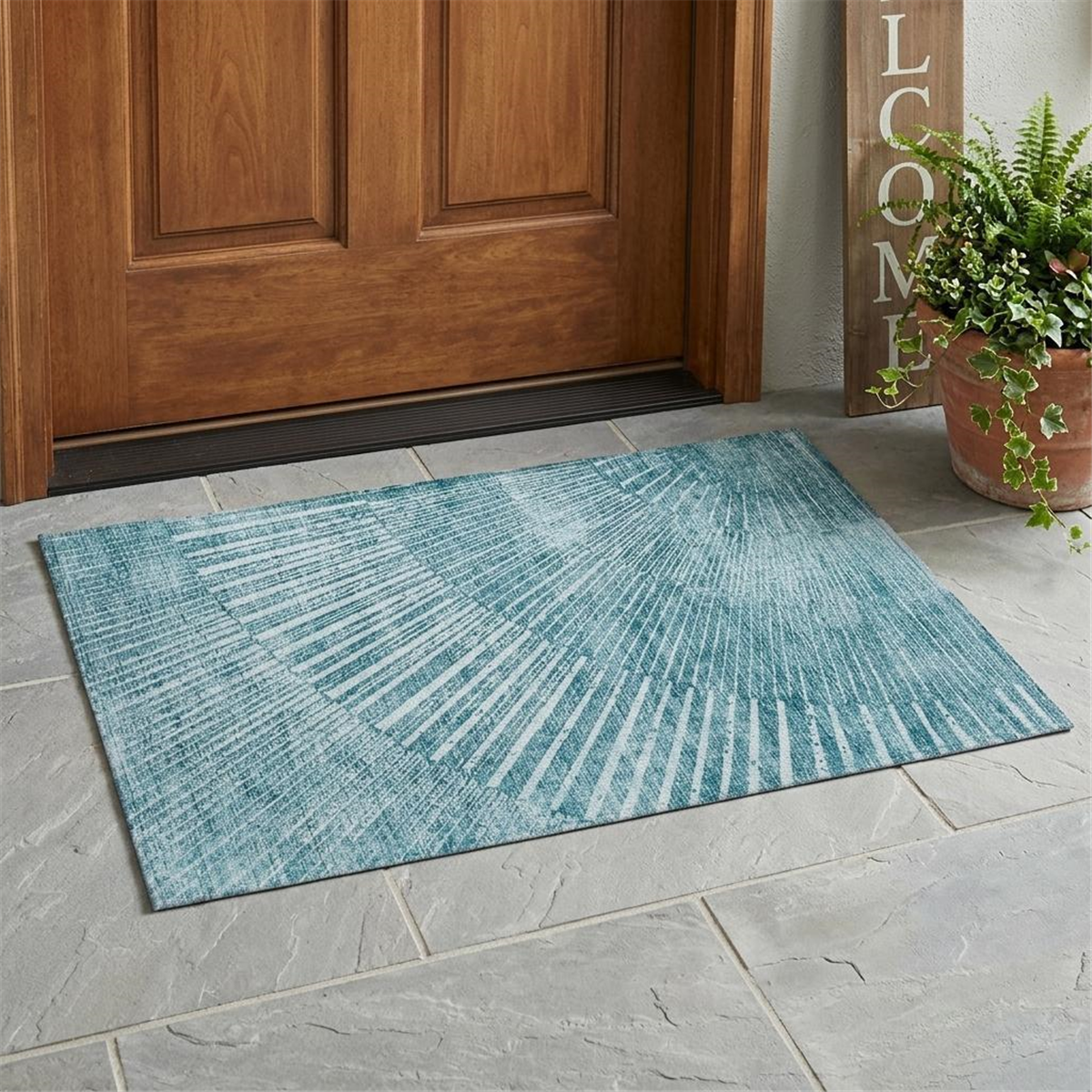 HomeRoots Teal Abstract Washable Non Skid Indoor Outdoor Accent
