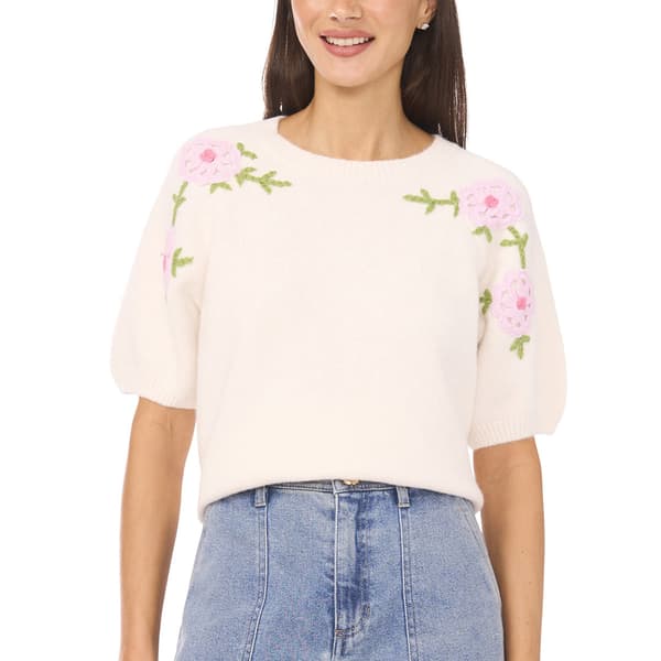 Womens Cece Short Sleeve Floral Embroidery Sweater