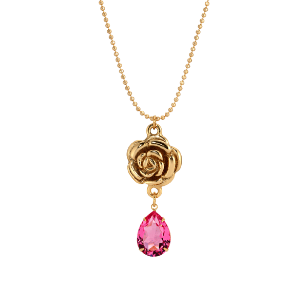 1928 18in. Gold-Tone Flower Pendant Pink Glass Drop Necklace - image 