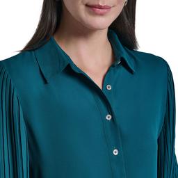 Womens Tommy Hilfiger Long Pleat Sleeve Button Front Solid Blouse