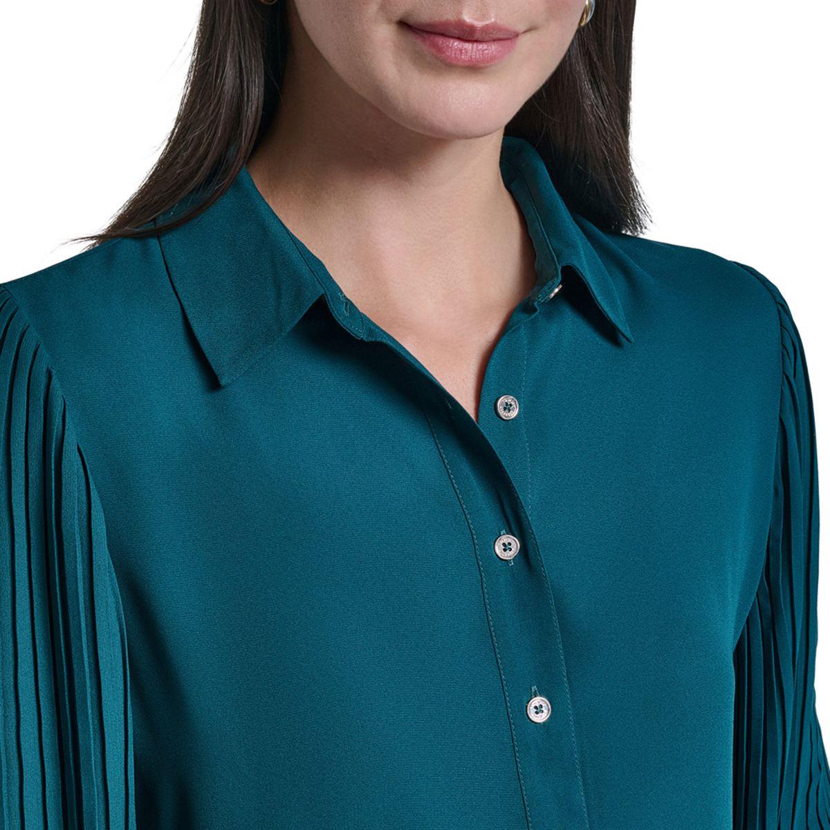 Womens Tommy Hilfiger Long Pleat Sleeve Button Front Solid Blouse