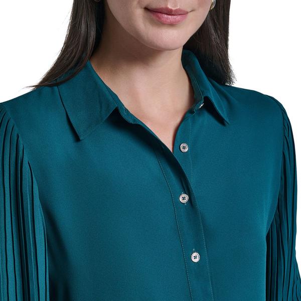 Womens Tommy Hilfiger Long Pleat Sleeve Button Front Solid Blouse