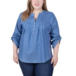 Plus Size NY Collection 3/4 Roll Tab Sleeve Pleated Henley Top