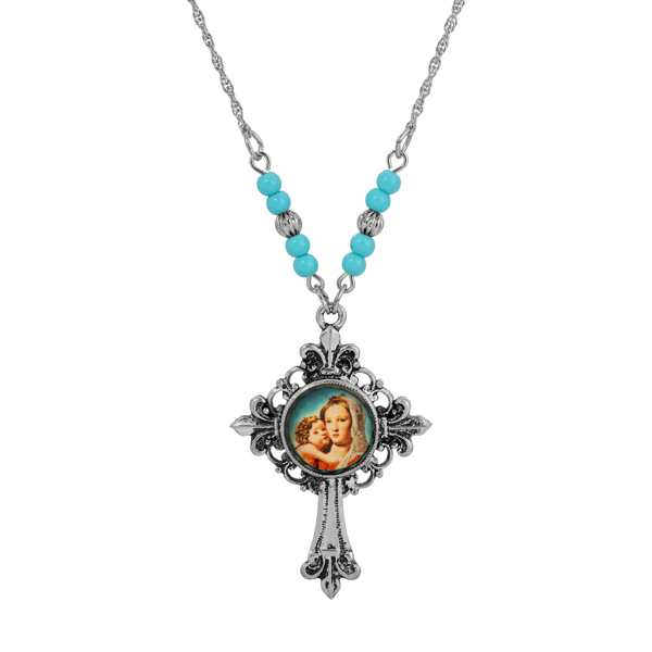 Symbols of Faith Silver-Tone Cross Mary & Child Decal Necklace - image 