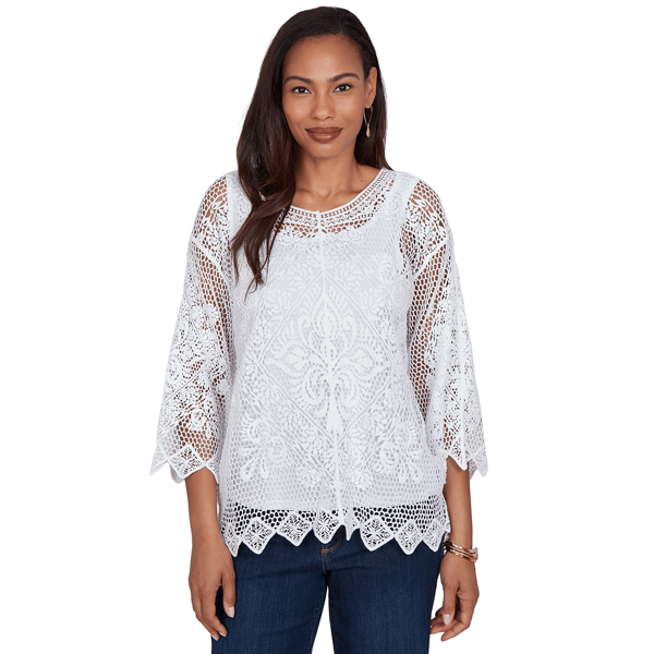 Plus Size Ruby Rd. French Riviera Scalloped Medallion Crochet Li - image 