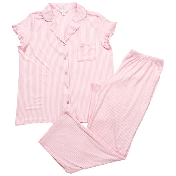 Womens Laura Ashley Short Sleeve Ruffle Double Stripe Pajama Set