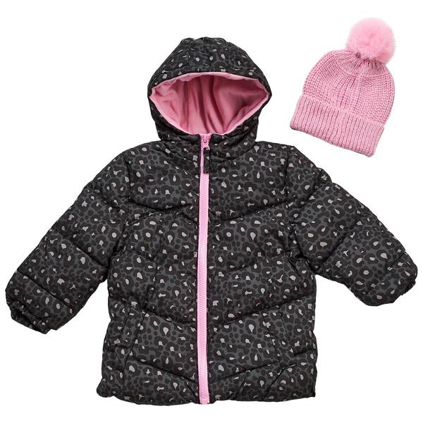Toddler Girl Pink Platinum(R) Leopard Print Puffer Coat with Hat - image 