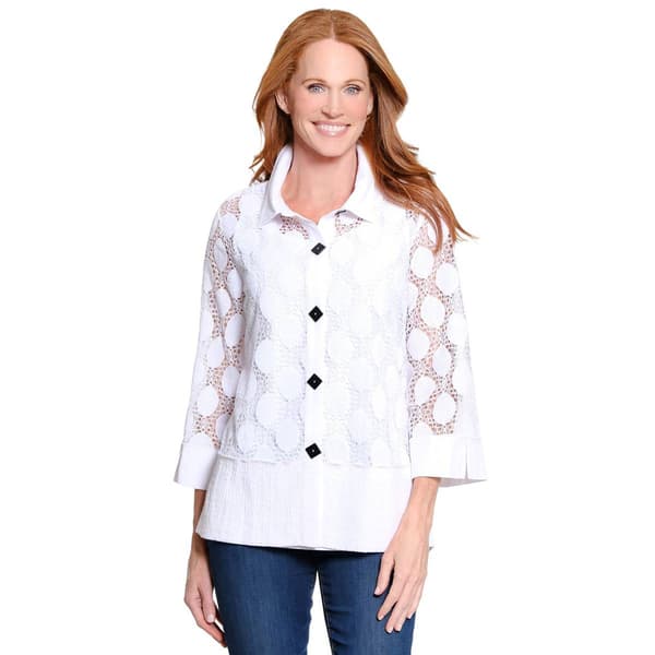 Plus Size Ali Miles 3/4 Sleeve Cut Out Dots Button Front Blouse - image 