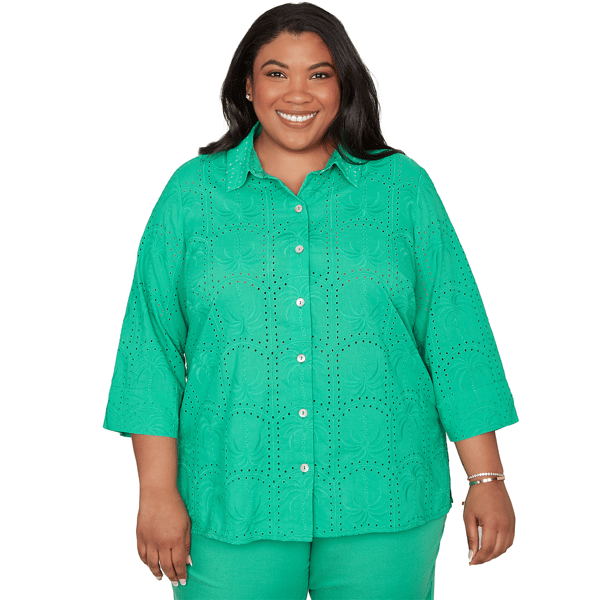 Plus Size Alfred Dunner Resort Living Eyelet Palm Tree Blouse - image 