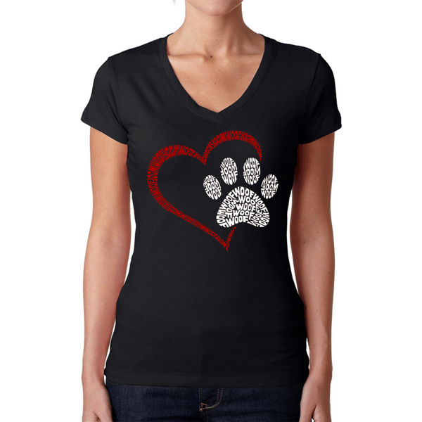 Womens LA Pop Art Heart Paw Word Art V-Neck Tee - image 