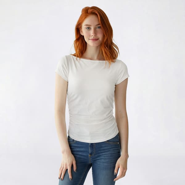 Juniors Pink Rose Boat Neck Side Ruched Double Layer Tee - image 