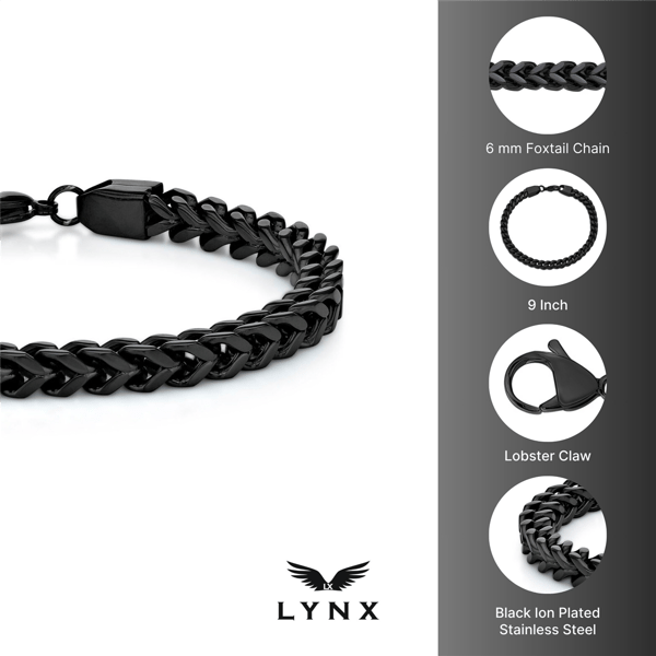 Mens Lynx Black Ion Plated Stainless Steel Foxtail Chain Bracelet