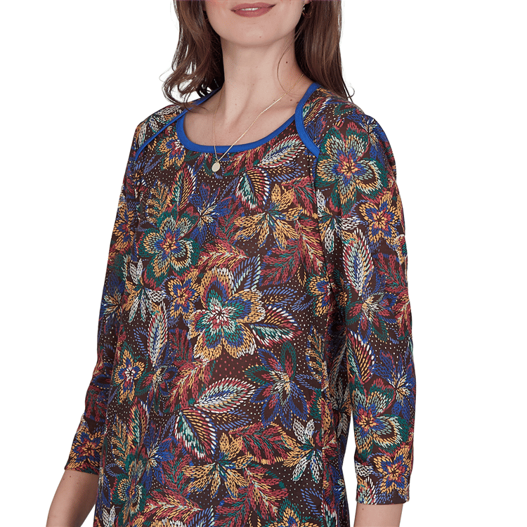 Womens Ruby Rd. Game of Luxe 3/4 Sleeve Floral Tee