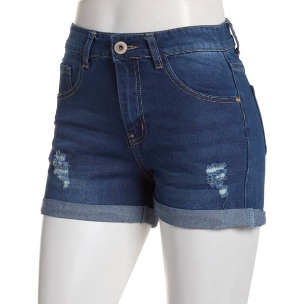 Juniors California Vintage 1 Button Destructed Cuff Denim Shorts