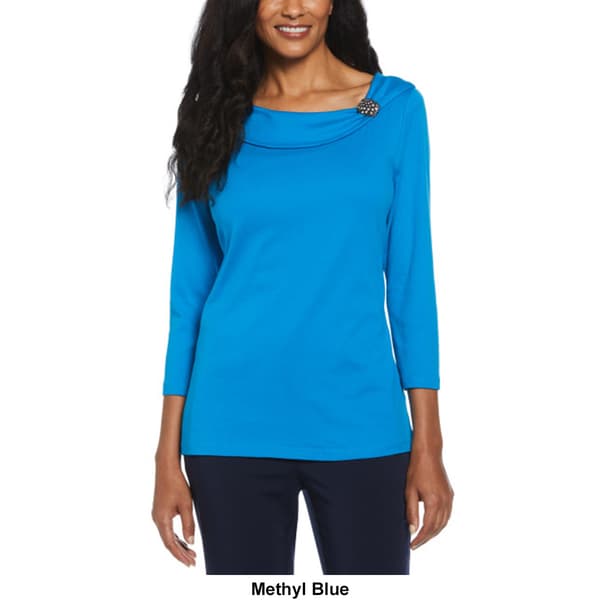 Petite Ella Rafaella&#174; 3/4 Sleeve Solid Marilyn Brooch Blouse