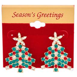 Christmas Tree Drop Earrings with Multi Color Glass Stones