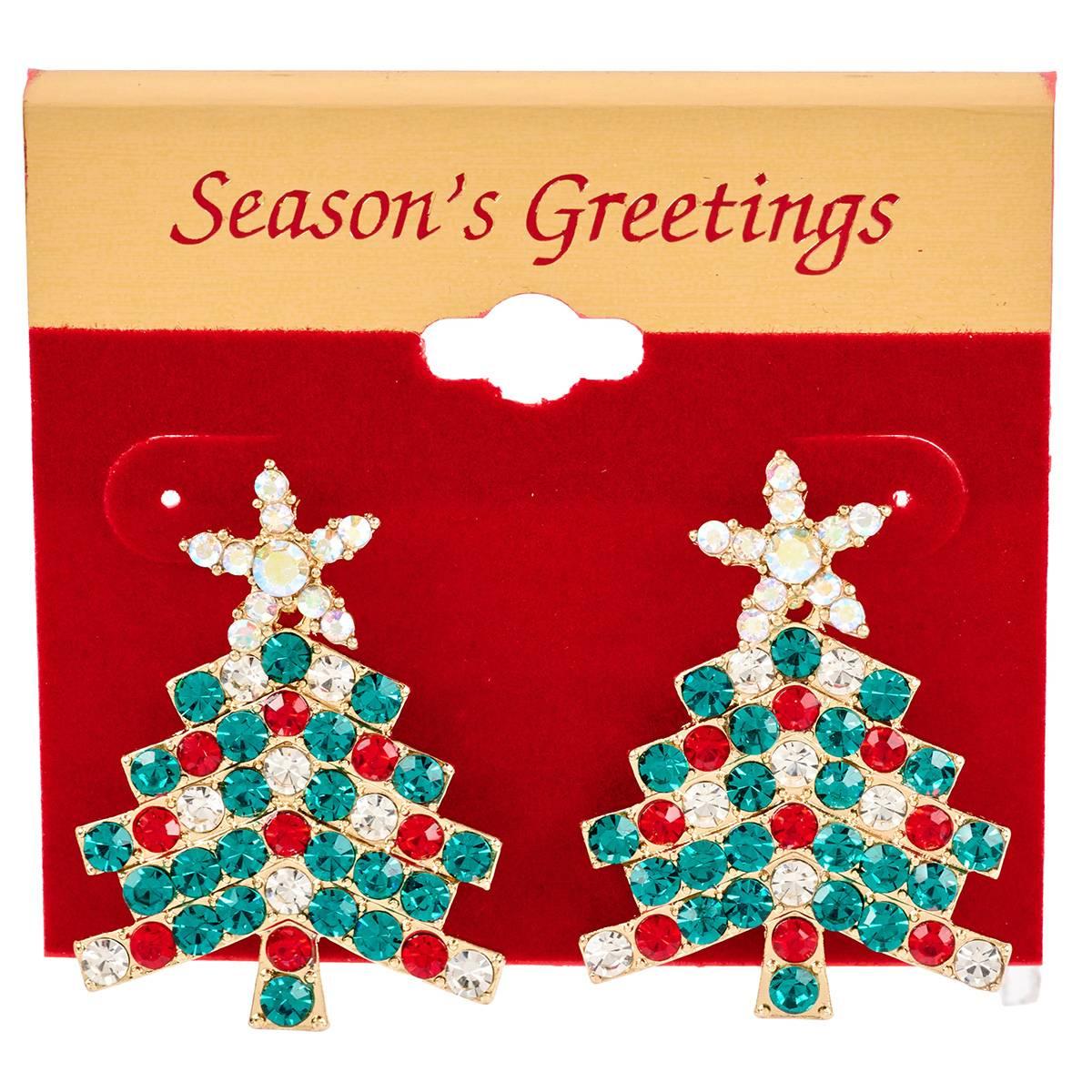 Christmas Tree Drop Earrings with Multi Color Glass Stones