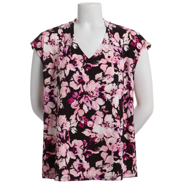 Plus Size Kasper Extended Shoulder V-Neck Floral Blouse