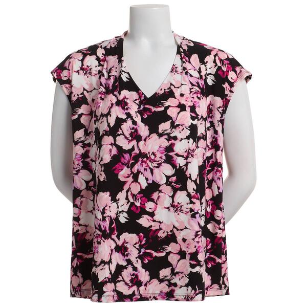 Plus Size Kasper Extended Shoulder V-Neck Floral Blouse - image 