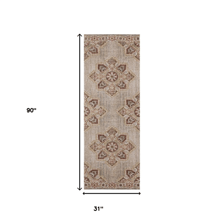 HomeRoots Beige, Rust & Teal Stain Resistant Medallion Runner