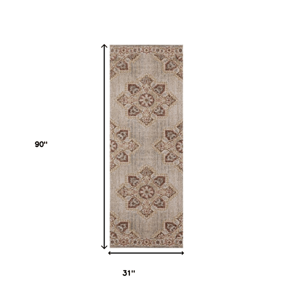 HomeRoots Beige, Rust & Teal Stain Resistant Medallion Runner