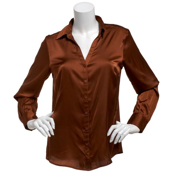 Juniors A. Byer Solid Satin Button Front Blouse - image 