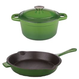 Neo 4pc Cast Iron Set Grill Pan Fry Pan & 3Qt Dutch Oven Green