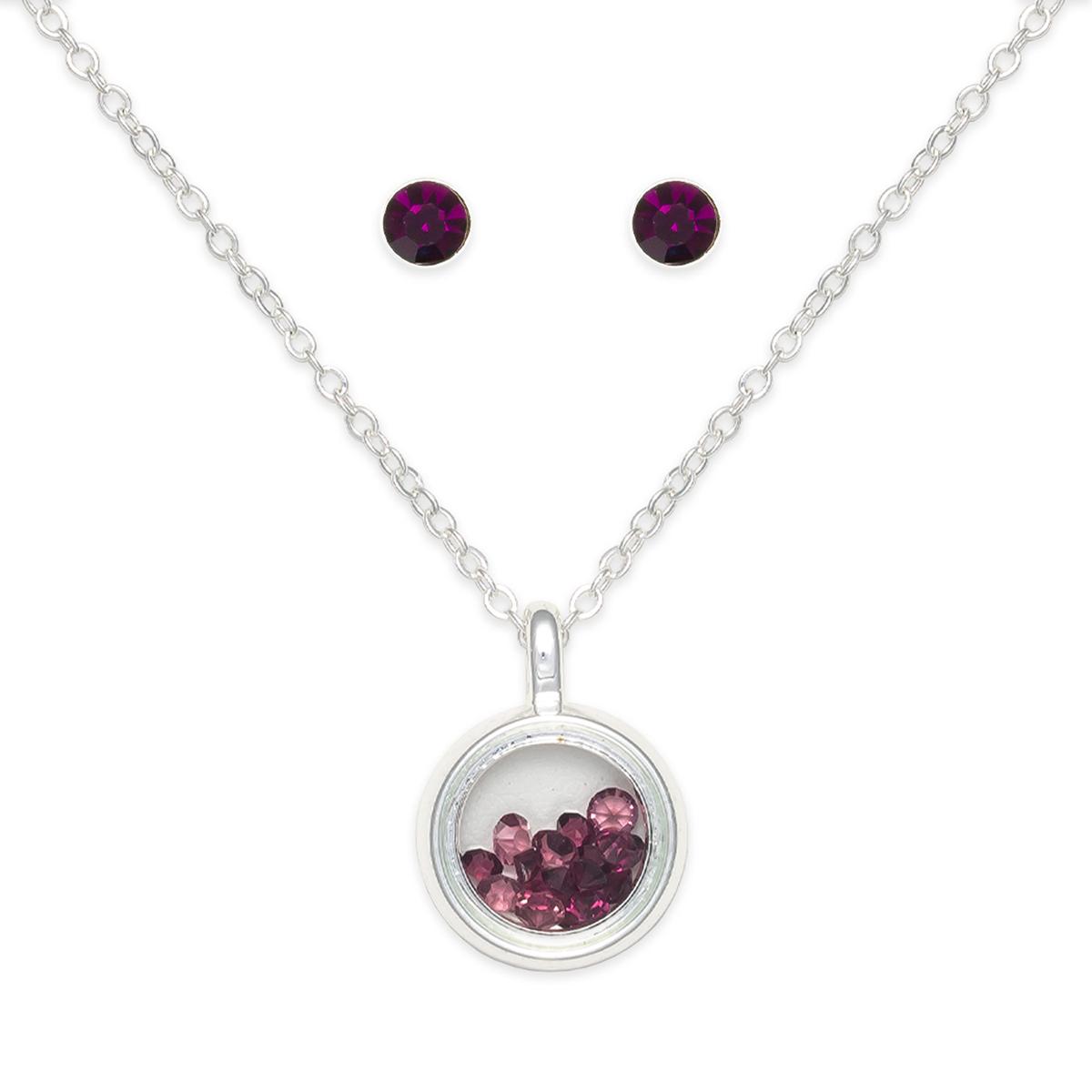 February Birthstone Shaker Necklace & Stud Earrings Set