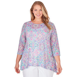 Plus Size Ruby Rd. Fresh Take 3/4 Sleeve Floral Tiles Knit Tee
