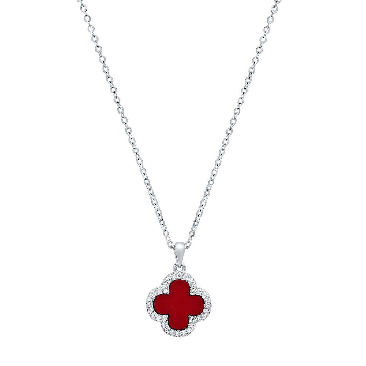 Saffron Red Clover Pendant with Moissanite Diamond Halo Necklace