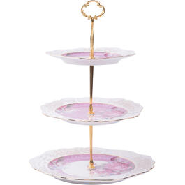Home Essentials 3-Tier Pierced Pink Rose Round Cake Stand