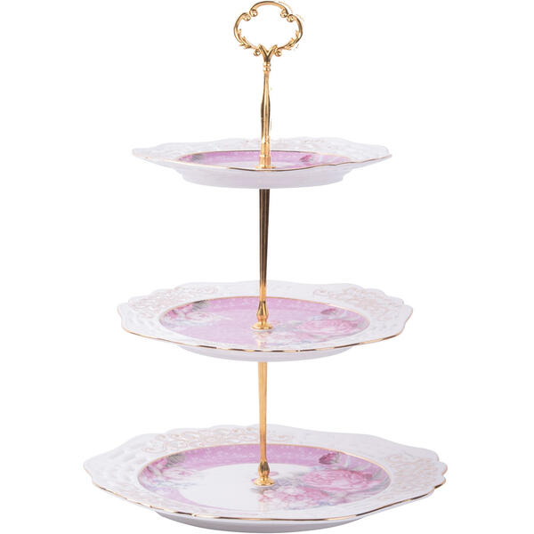 Home Essentials 3-Tier Pierced Pink Rose Round Cake Stand - image 