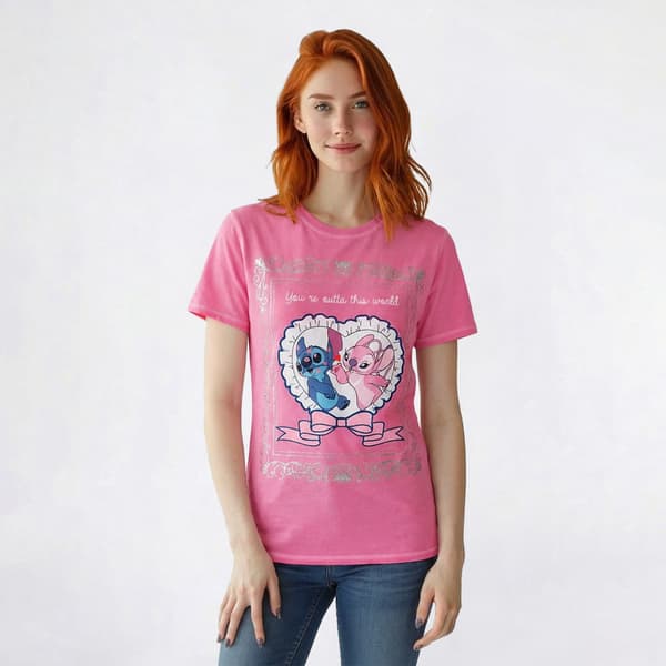 Juniors Disney Angel & Stitch Frame & Heart Stitch Graphic Tee - image 