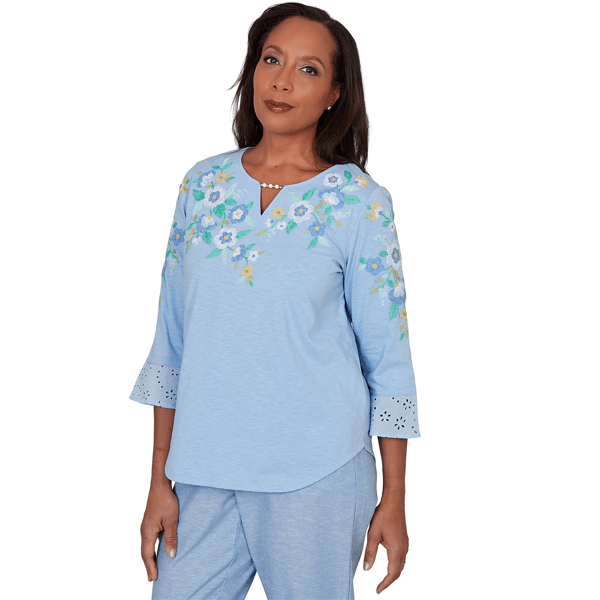 Womens Alfred Dunner Caribbean Blues Floral Embroidery Blouse