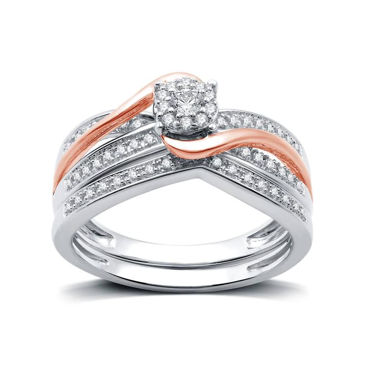 Loveblooms(tm) Two-Tone 1/4cttw. Diamond Halo Bypass Bridal Set