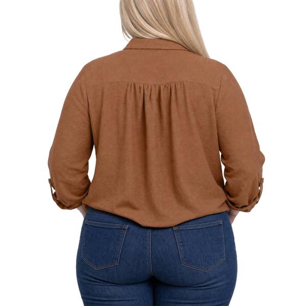 Plus Size NY Collection Roll Tab Sleeve Solid Tie Front Blouse