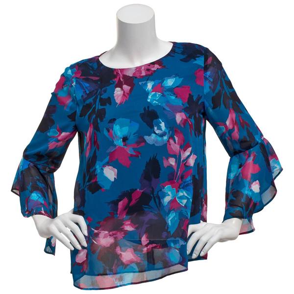 Womens Kasper 3/4 Ruffle Sleeve Leaf Chiffon Blouse - image 