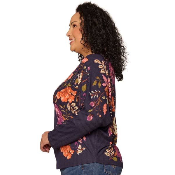 Plus Size Democracy Long Sleeve Boat Neck Floral Sweater