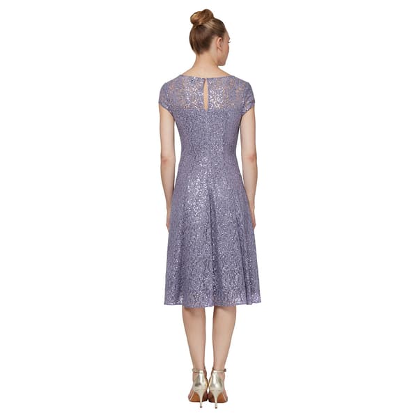Womens SLNY Cap Sleeve Sequin Lace Tea Length Midi Dress