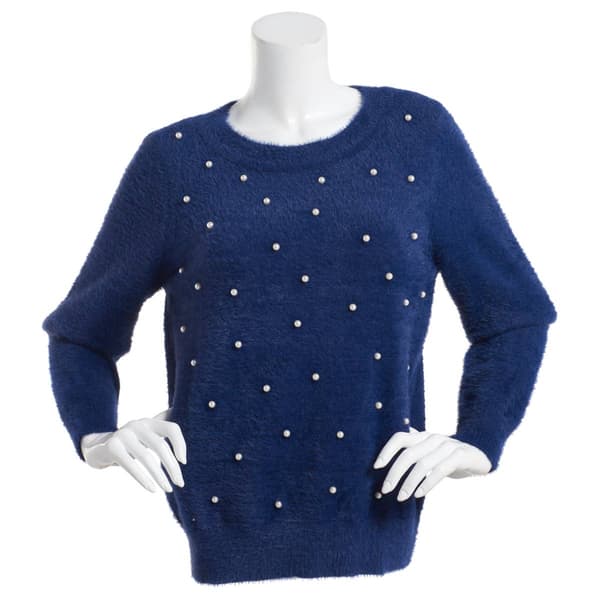Womens Nanette Lepore Long Sleeve Fuzzy Sweater with Pearls