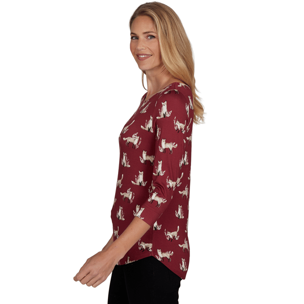 Petite Emaline Key Items 3/4 Sleeve All Over Fox Tee