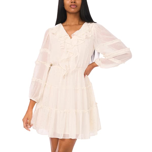 Womens MSK Long Sleeve Ruffle Trim V Neck Foil A-Line Dress
