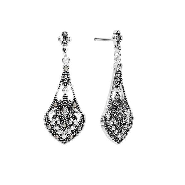 Marsala Fine Silver Plated Genuine Marcasite Fancy Drop Earrings - image 