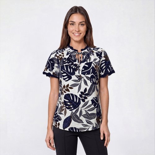 Womens Como Black Short Sleeve Tie Neck Tropical Leaf Blouse
