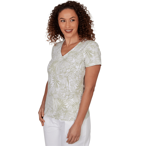 Petite Hearts of Palm Printed Essentials Tropical V Neck Tee