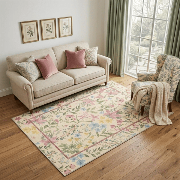 HomeRoots Ivory Pink & Green Floral Washable Area Rug - image 