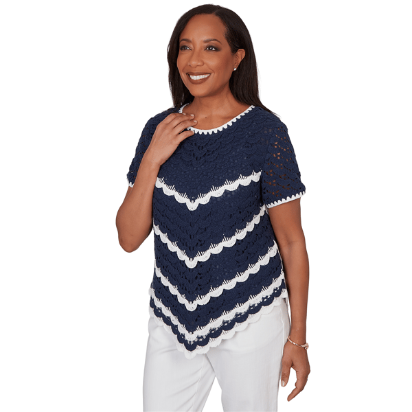Womens Alfred Dunner Port Side Scallop Chevron Crochet Sweater