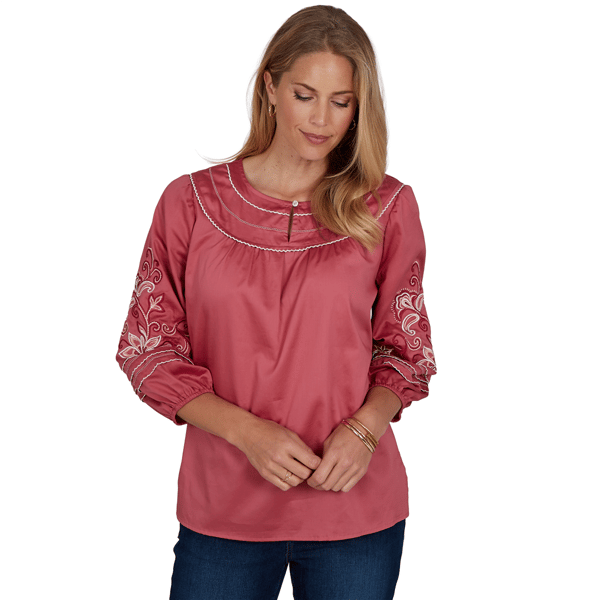 Petite Ruby Rd. Game of Luxe Embroidered Sleeve Voile Blouse