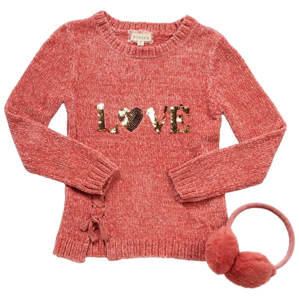 Girls (7-16) BTween(R) Flip Sequin Love Chenille Sweater & Earmuffs - image 
